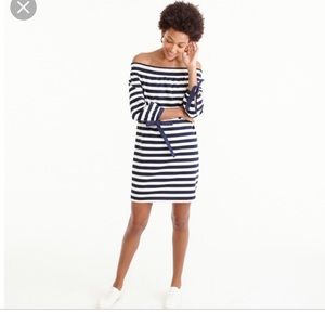 J.Crew off the shoulder navy stripe dress